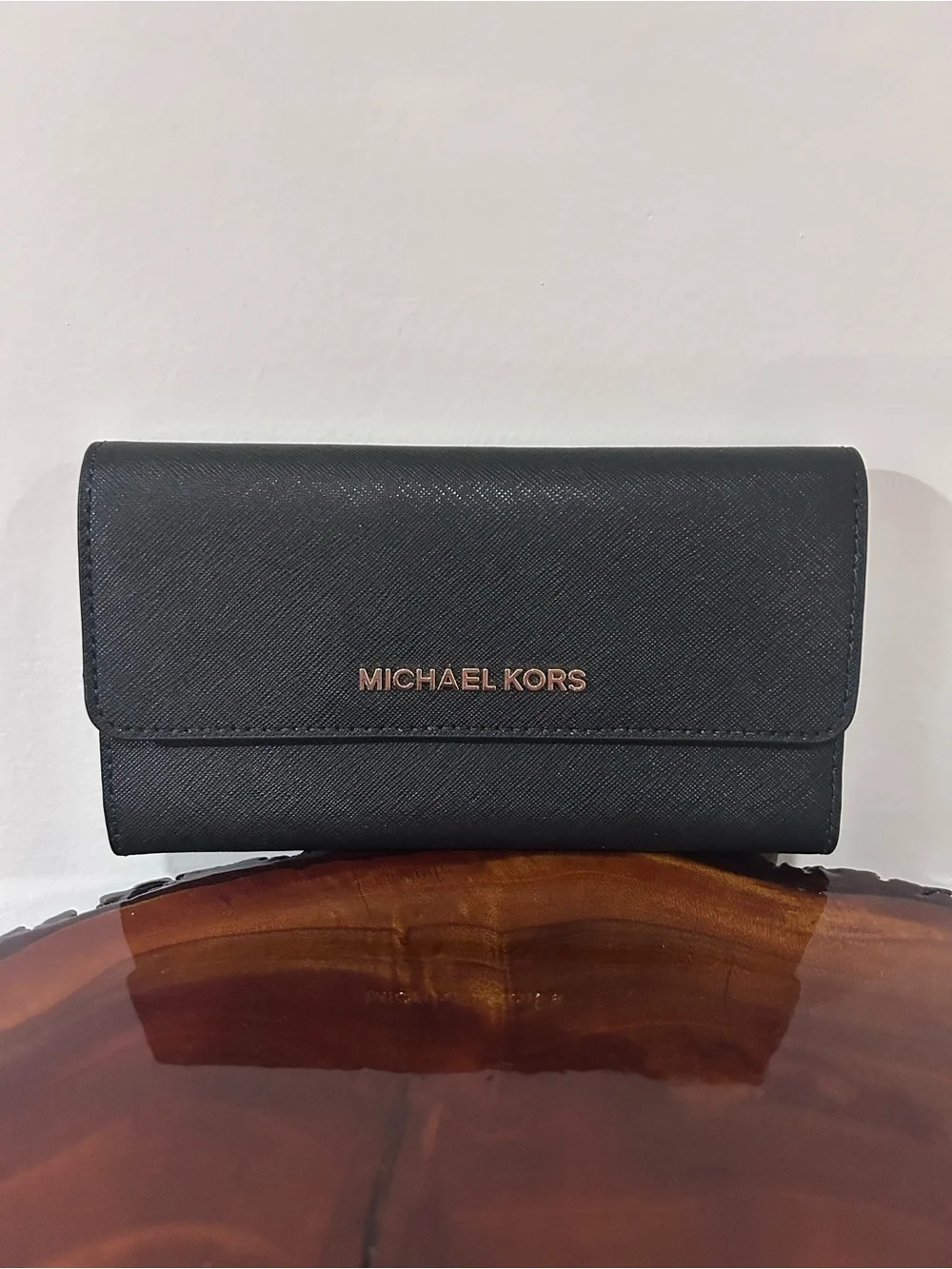 NWT Michael Kors Black Leather Trifold Wallet with Gold Hardware